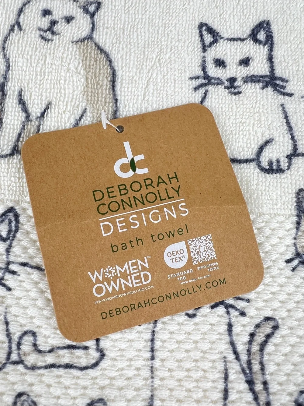 Deborah Connolly Bath Towel Set Cat Print Cream Tan Gray Cotton Blend 11 Pc NEW